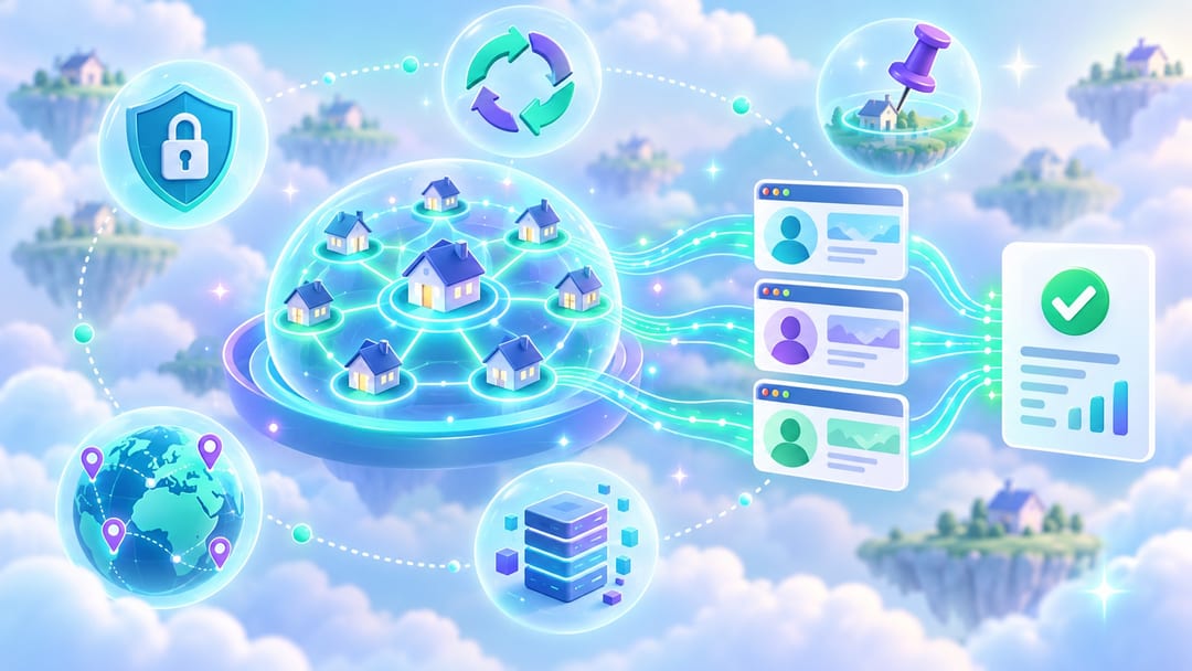 Abstract cover with a residential proxy network, browser profiles and request routing