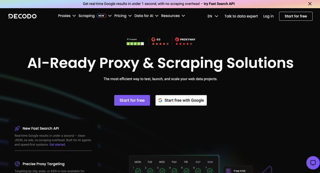 Decodo homepage showing proxies and Web Scraping API Decodo homepage showing proxies and Web Scraping API