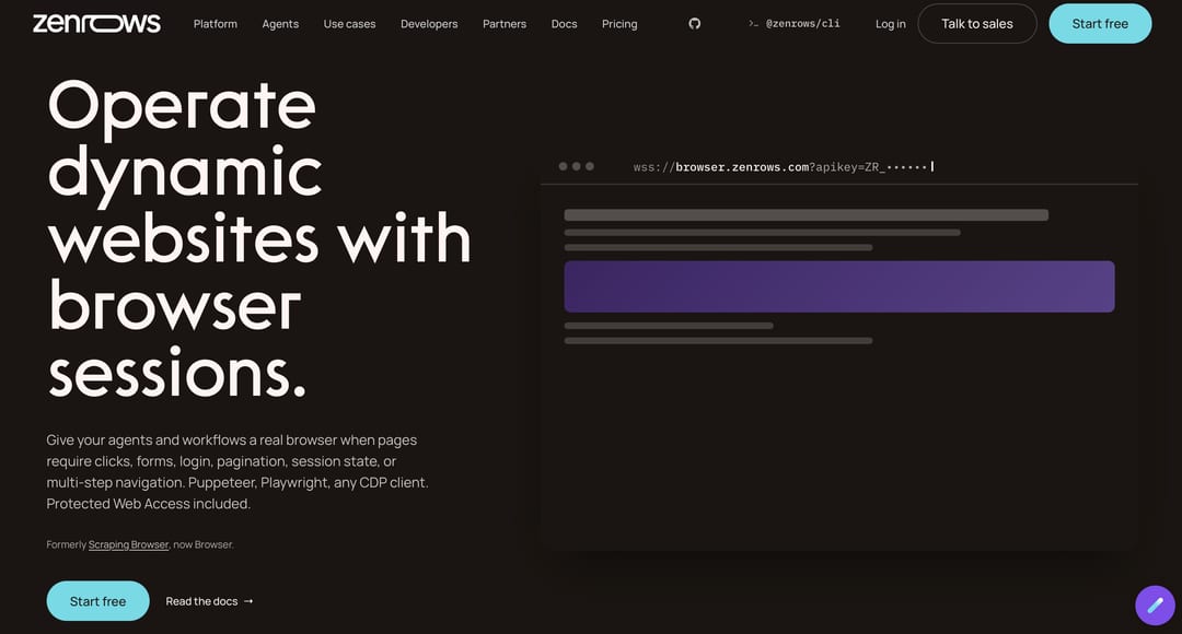 ZenRows Browser Sessions page for interactive scenarios