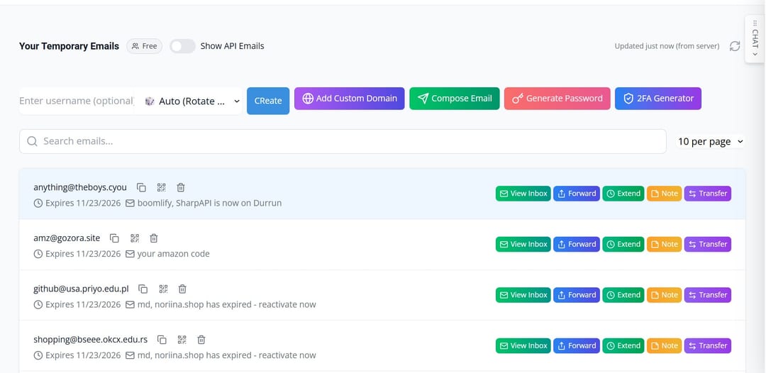 Preview of incoming emails across multiple temporary inboxes
