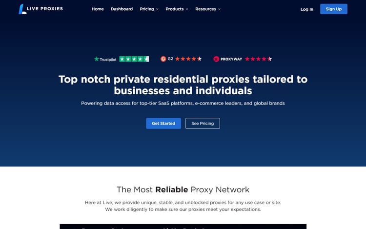 Live Proxies page describing its residential proxy service