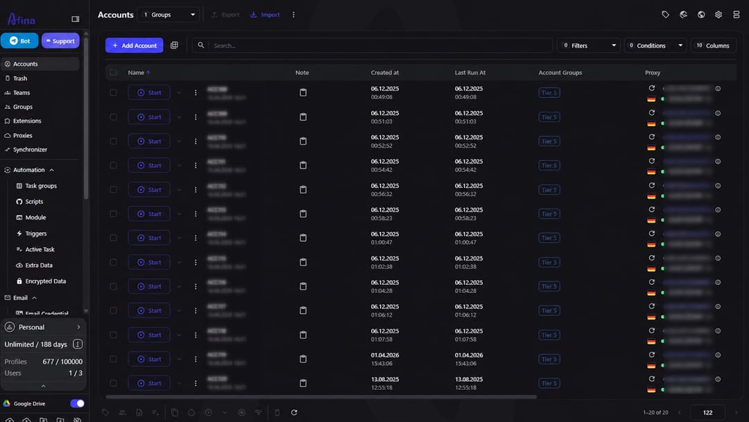Afina profiles with assigned proxy connections