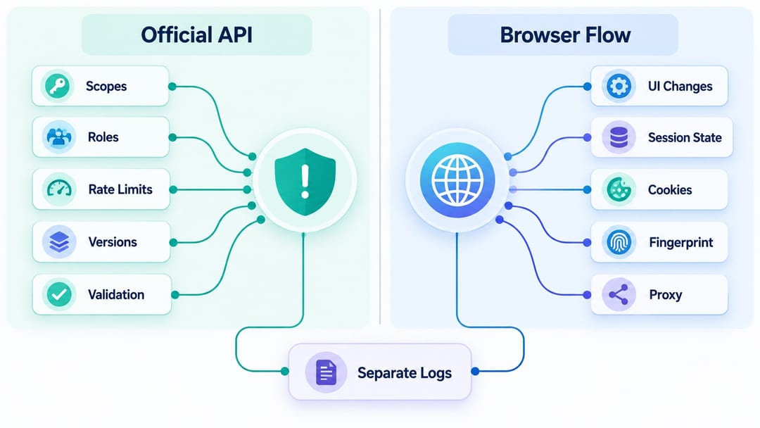 LinkedIn API and browser workflow error comparison