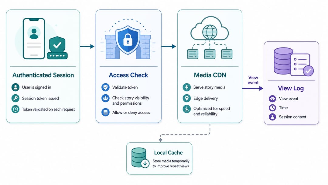 Snapchat Story session, API, CDN, and view log
