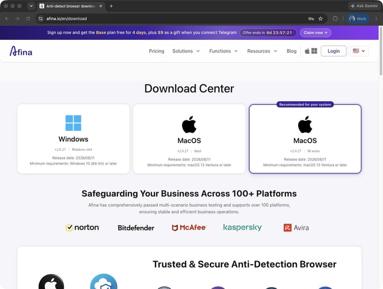 Центр загрузок Afina с установщиками для Windows и macOS