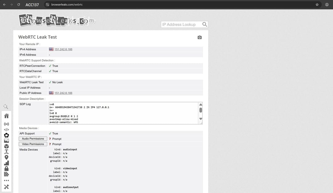 Тест BrowserLeaks WebRTC для Afina зі статусом No Leak і прихованою локальною адресою