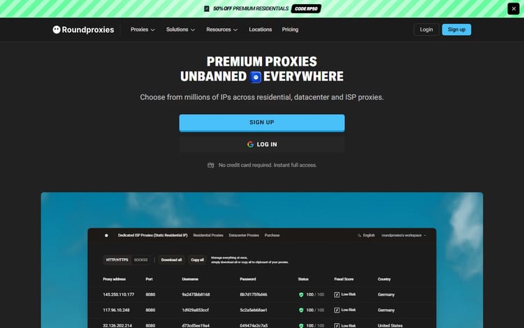 Roundproxies page describing residential and datacenter proxies