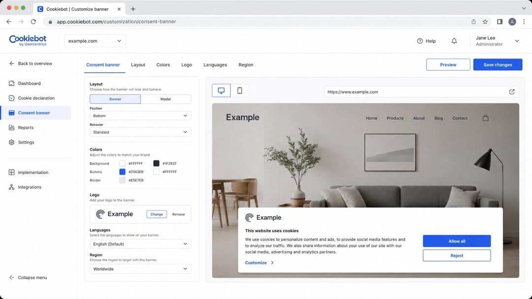 Cookiebot cookie banner settings for different languages and regions