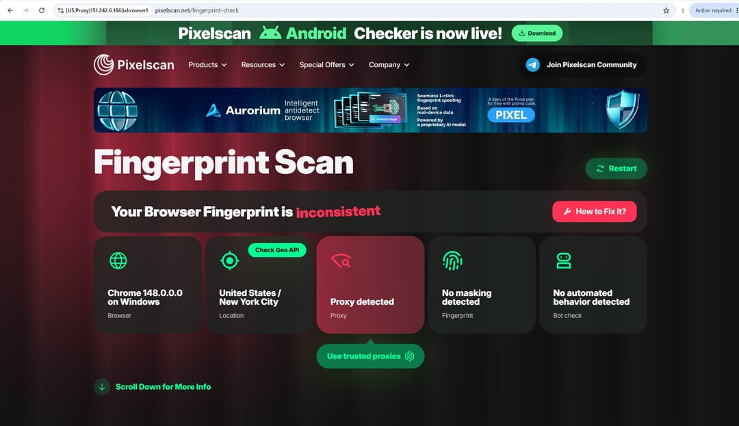 Перевірка профілю ixBrowser у Pixelscan з IP, WebRTC та timezone