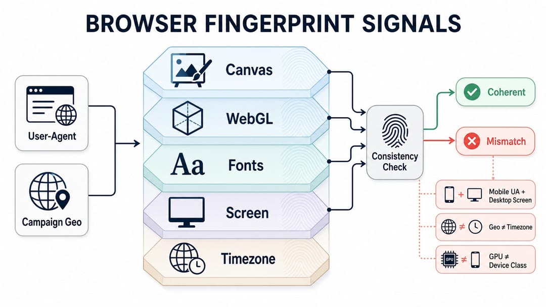 Browser fingerprint signals checked during advertising moderation