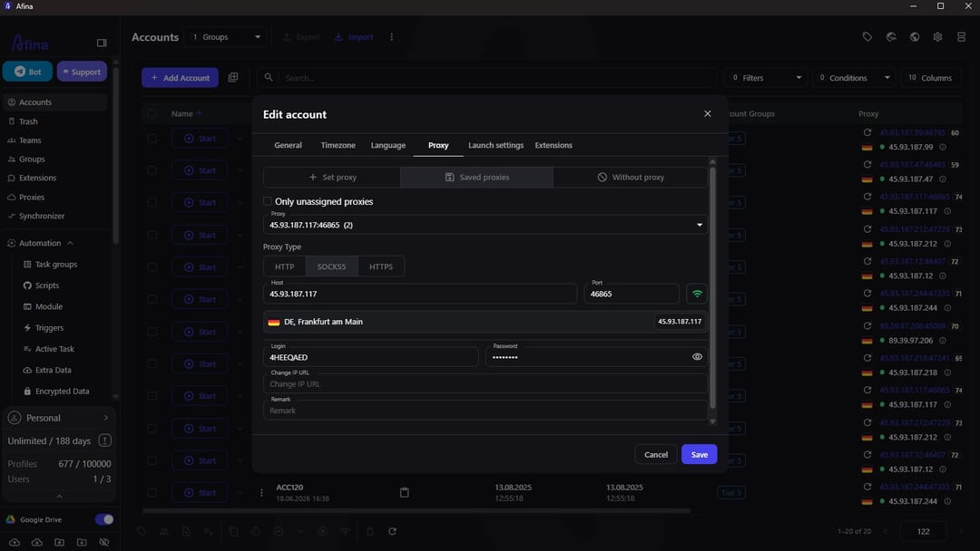 Назначение резидентного прокси KindProxy профилю Afina