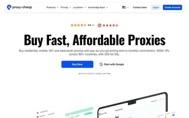 Proxy-Cheap page with proxy products and pay-as-you-go positioning