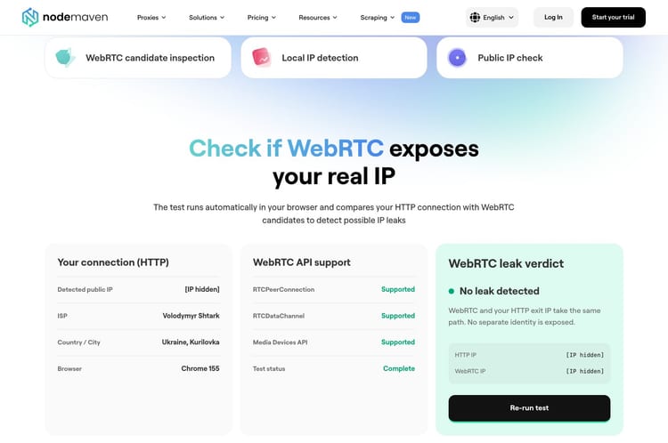 NodeMaven WebRTC leak test with hidden IP addresses