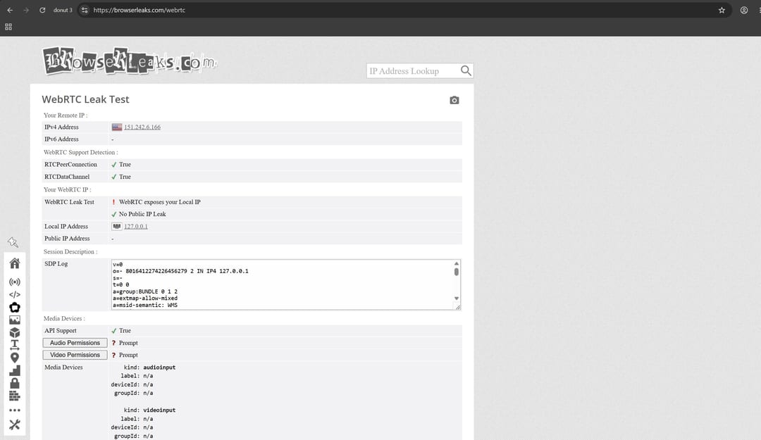 Тест WebRTC Leak на browserleaks.com з локальною IP-адресою для профілю Donut Browser