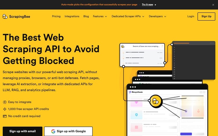 ScrapingBee homepage showing a web scraping API, JavaScript rendering and proxy features