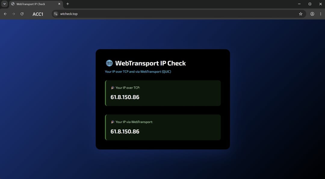 Перевірка wtcheck.top у профілі Afina Browser: IP через TCP і через WebTransport збігаються