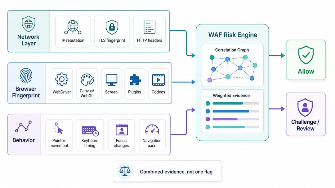 Конвейер WAF, который объединяет сетевые сигналы, отпечаток браузера и поведение в оценку риска