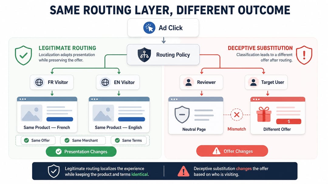 Legitimate traffic routing versus cloaking in an advertising funnel