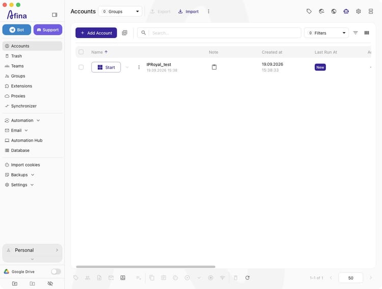 Таблица аккаунтов Afina с новым тестовым профилем IPRoyal