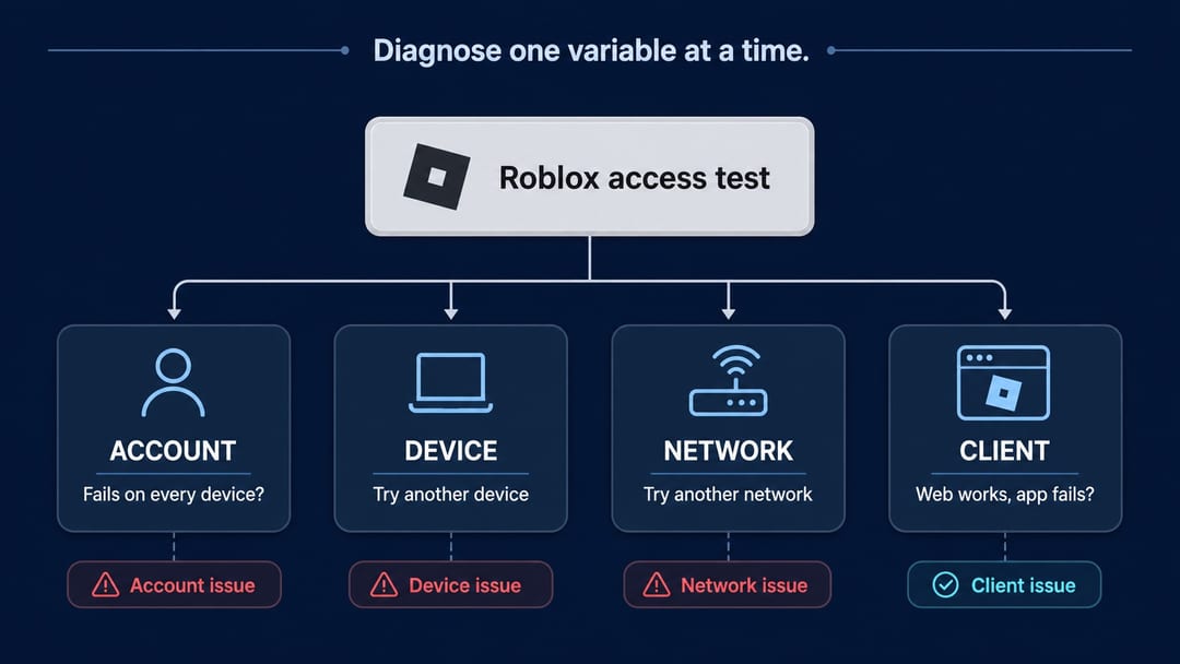 Матриця діагностики IP-бану Roblox за акаунтом, пристроєм, мережею та клієнтом