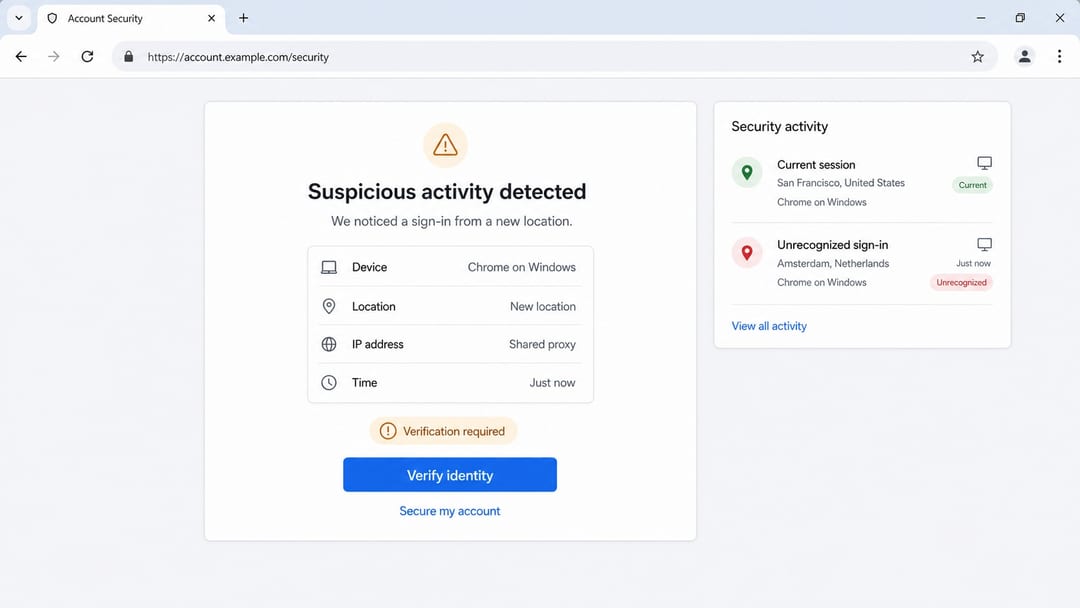 Сообщение платформы о подозрительной активности после входа через бесплатный веб прокси