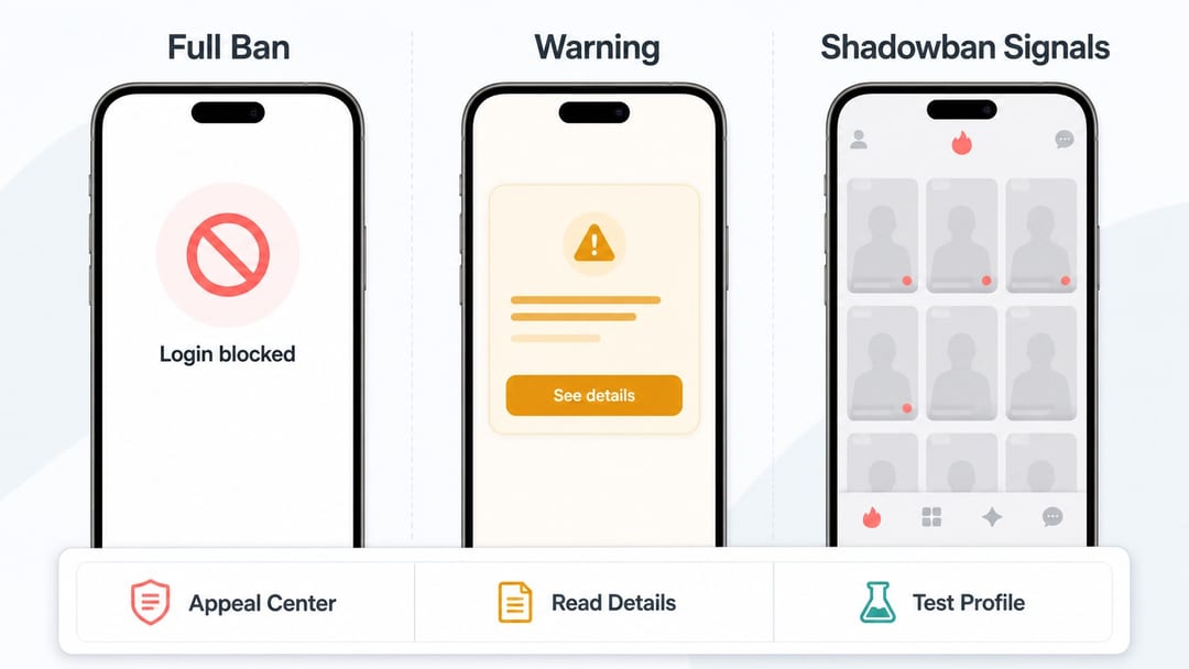 Сравнение бана Tinder, предупреждения и возможного shadowban