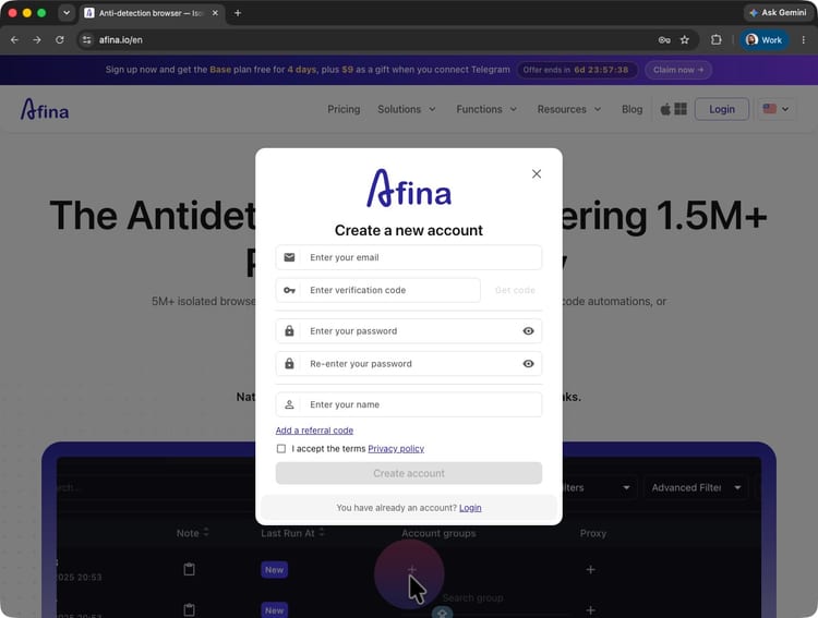 Afina account registration page