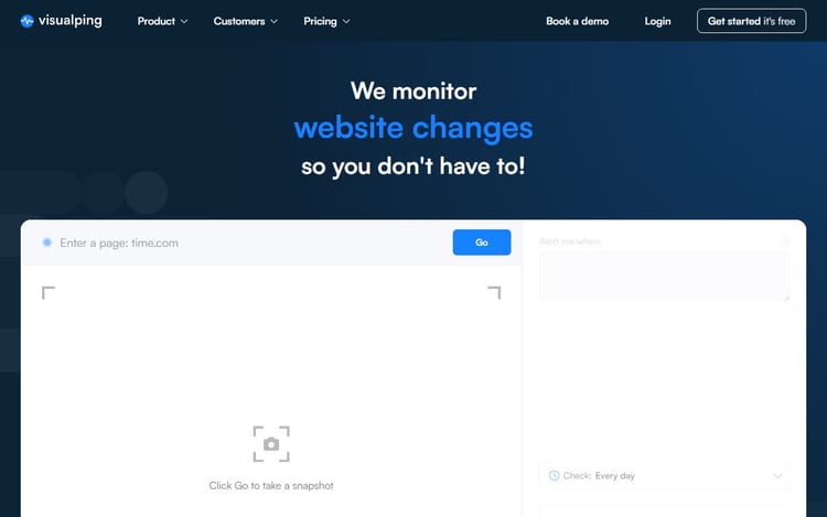 Экран Visualping для алертов об изменениях сайта Экран Visualping для алертов об изменениях сайта