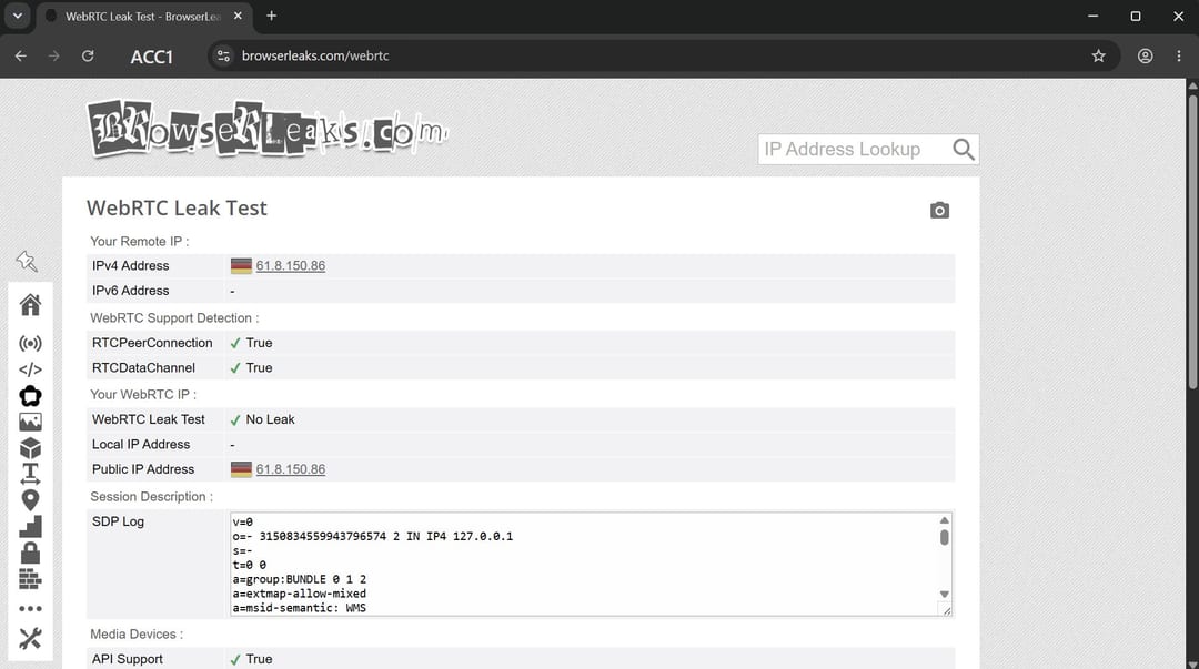 Результат browserleaks.com/webrtc у профілі Afina Browser: WebRTC Leak Test показує No Leak, публічна IP збігається з проксі