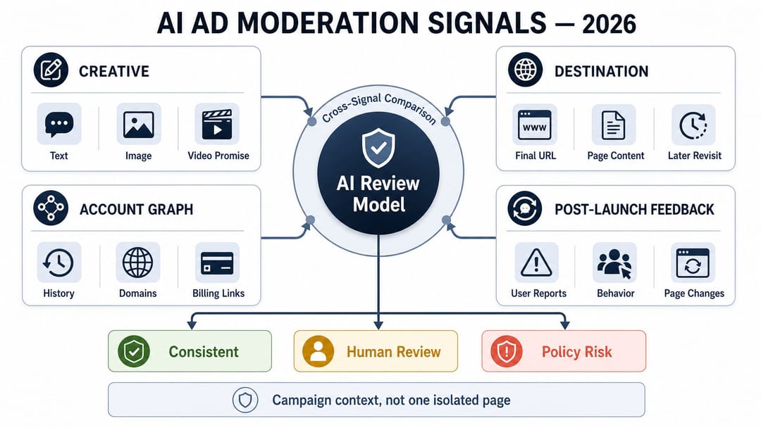 Layered AI advertising moderation signals in 2026