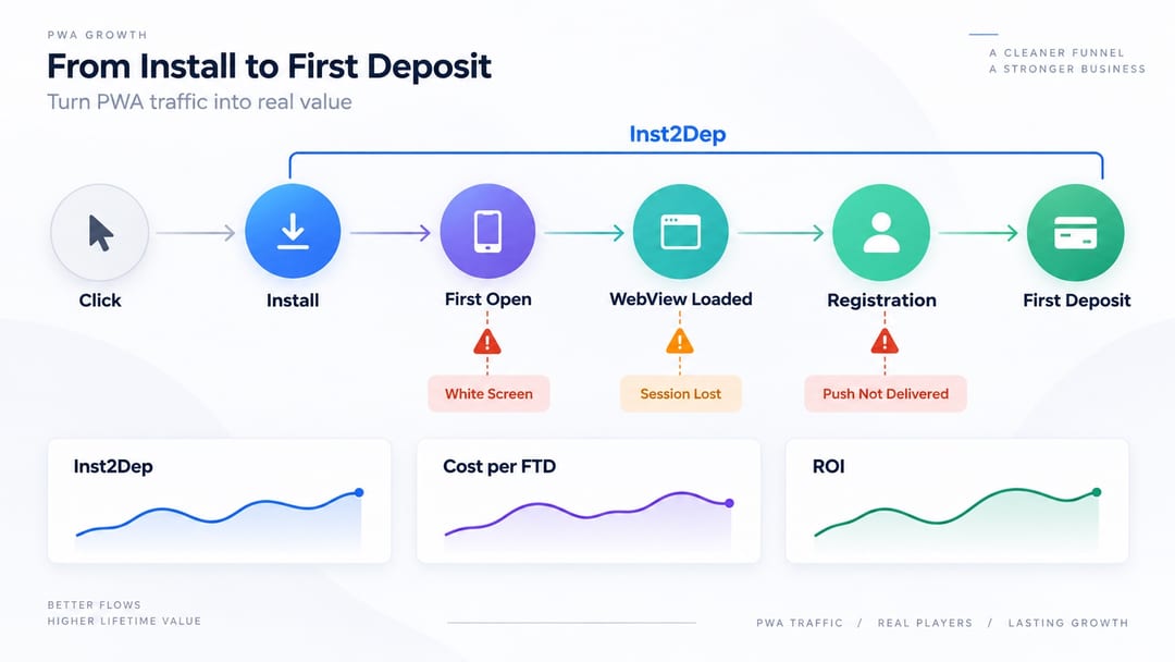 Inst2Dep funnel diagram for PWA gambling traffic Inst2Dep funnel diagram for PWA gambling traffic