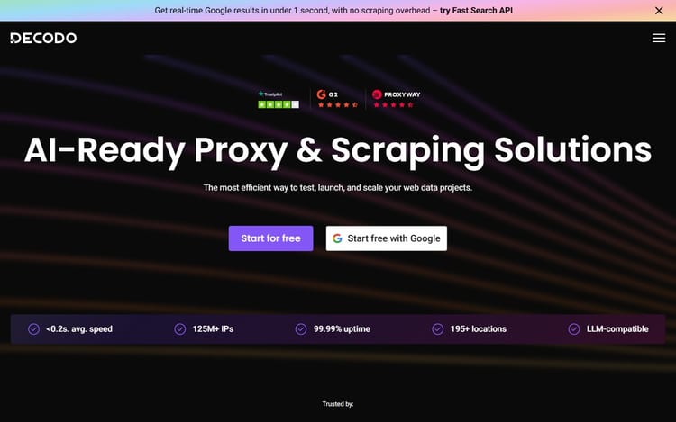 Decodo homepage showing proxy infrastructure for data collection