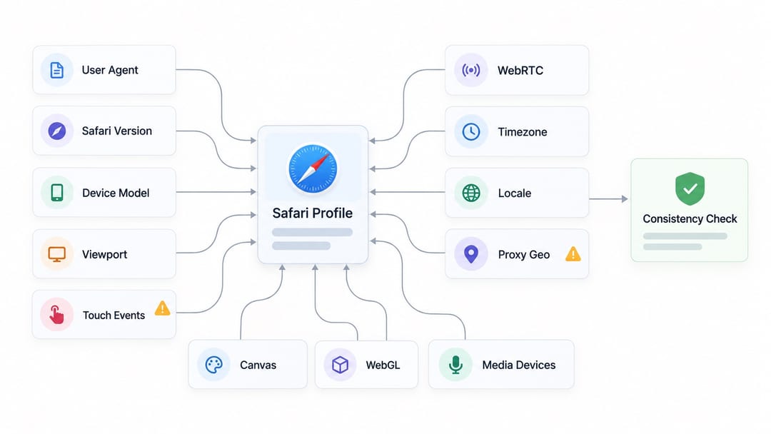 Diagram of differences between an iOS Safari fingerprint and a desktop browser fingerprint Diagram of differences between an iOS Safari fingerprint and a desktop browser fingerprint