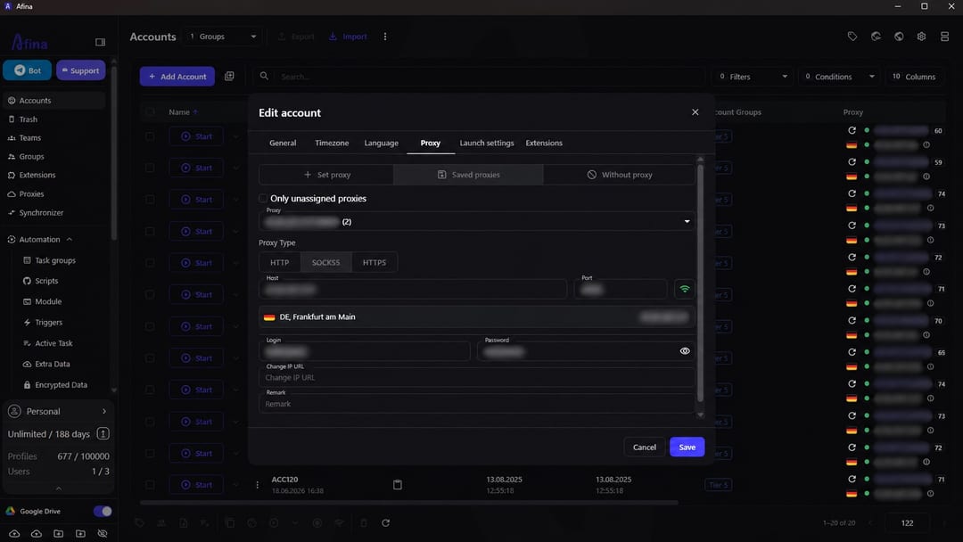 Proxy settings inside an Afina Browser profile