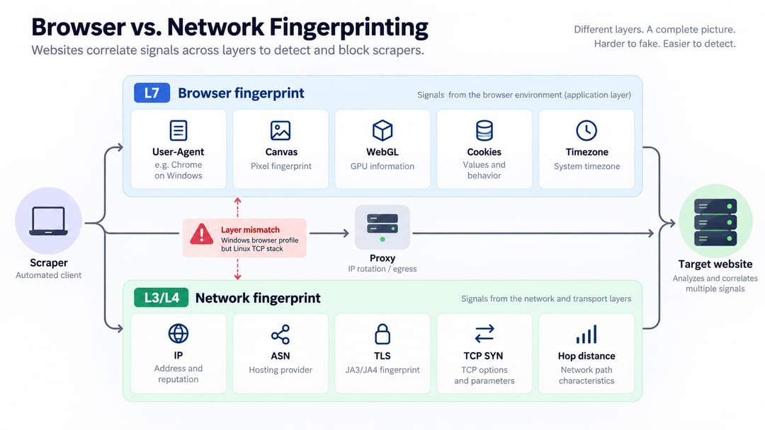 Comparison of browser fingerprint and network TCP fingerprint for a scraper Comparison of browser fingerprint and network TCP fingerprint for a scraper