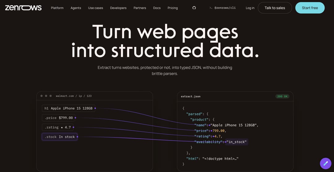 ZenRows Extract page converting web pages into JSON