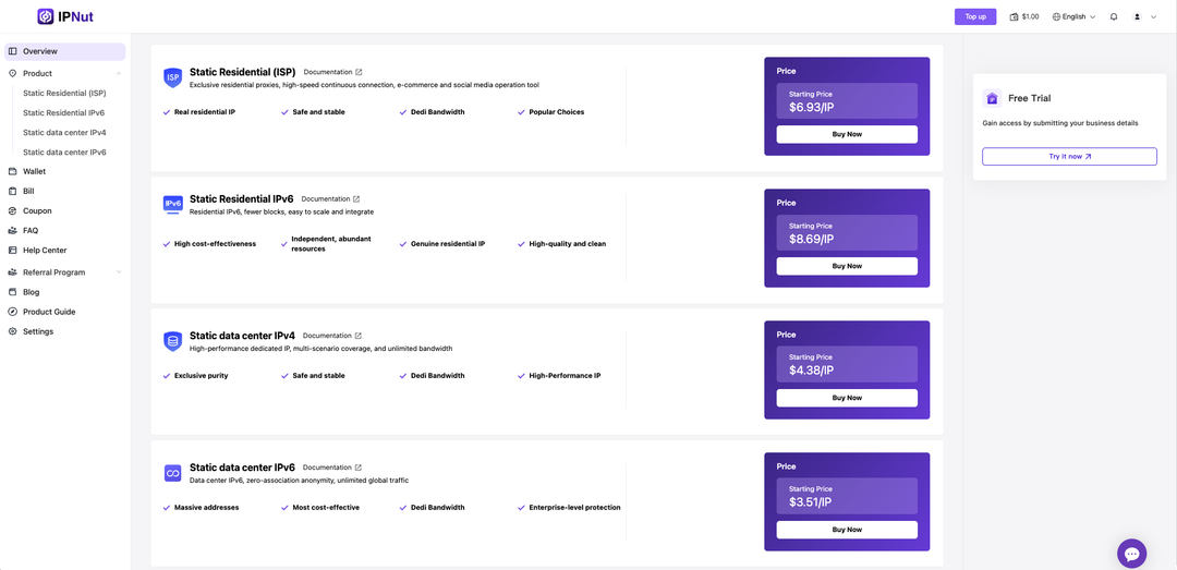 Static proxy products and plans in the IPNut dashboard