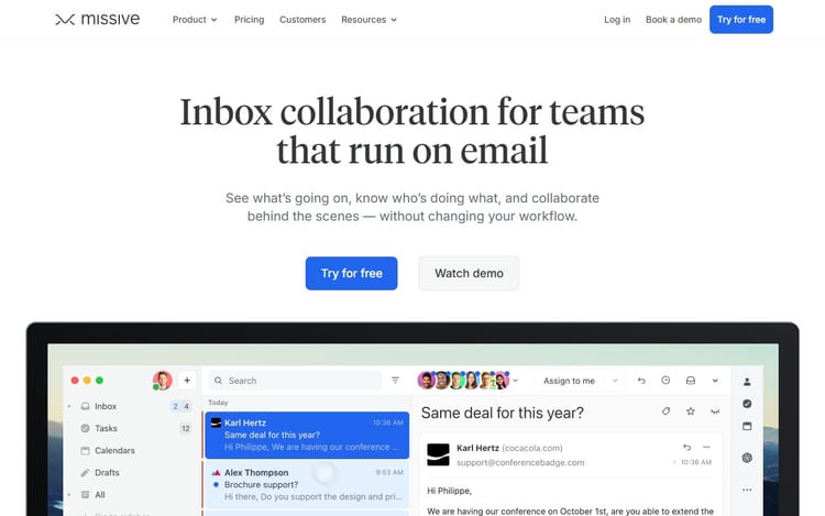 Screenshot of Missive for team email and shared inbox workflows Screenshot of Missive for team email and shared inbox workflows