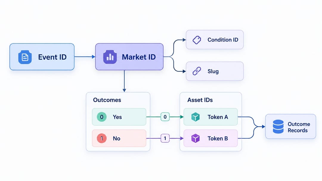 Карта идентификаторов Polymarket от рынка до токенов