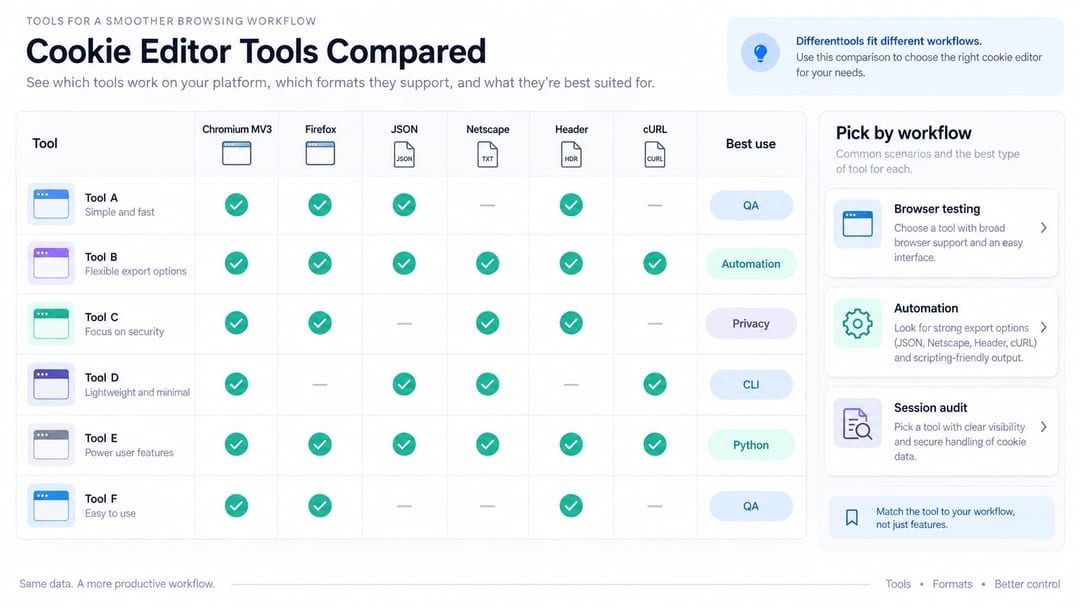 comparison matrix of cookie editors by Manifest V3, platforms, and export formats