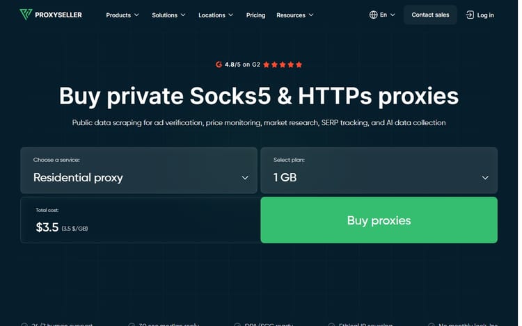 Proxy-Seller page with plans and proxy types for different tasks
