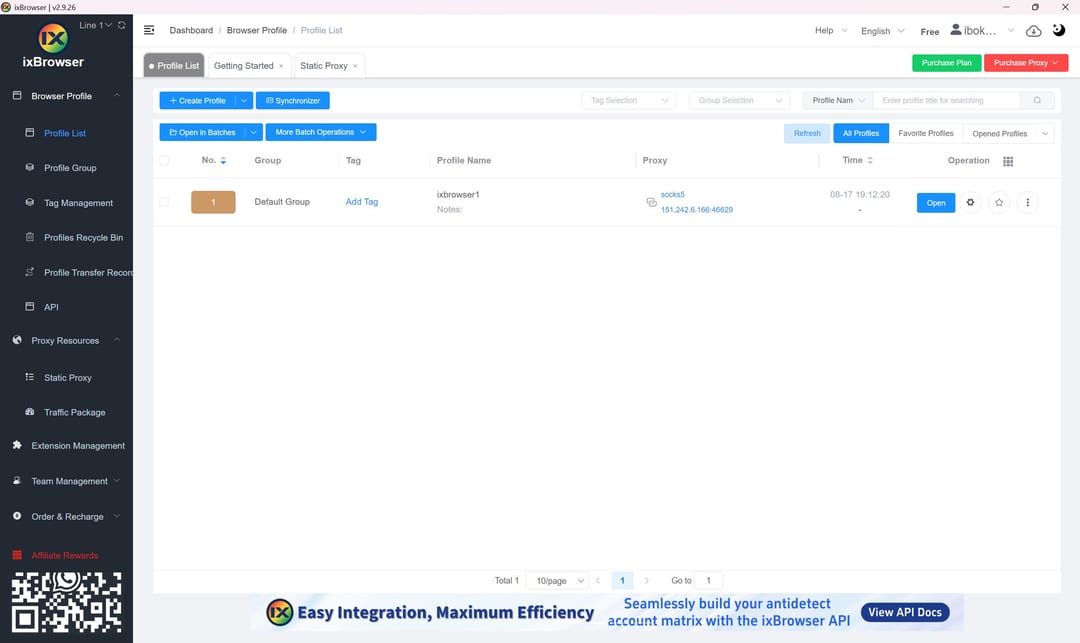 Інтерфейс ixBrowser з таблицею профілів та щоденними лімітами створення й відкриття