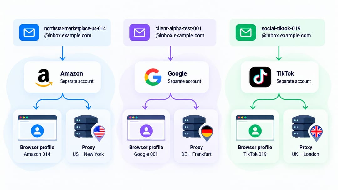 Diagram connecting an email inbox, account, browser profile, and proxy