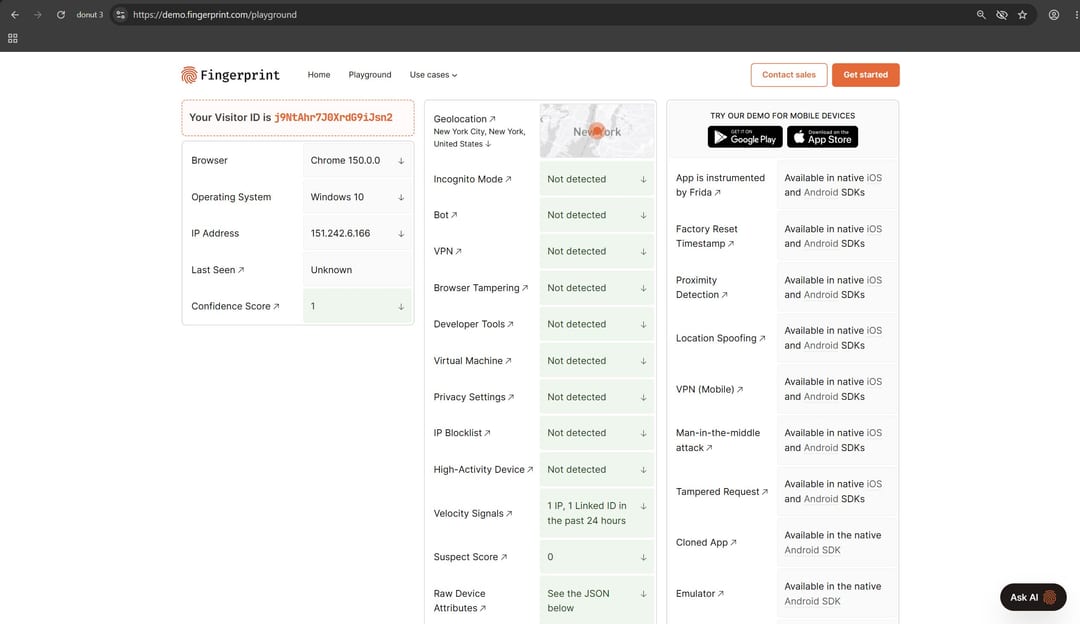 Демо Fingerprint.com Playground з переліком Smart Signals для профілю Donut Browser