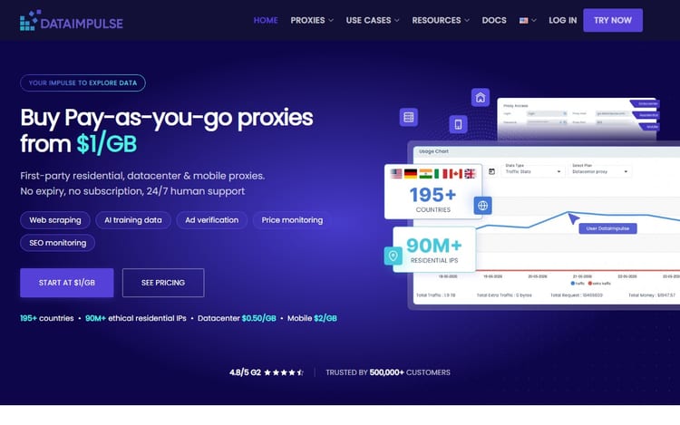DataImpulse homepage with pay-as-you-go residential proxy positioning