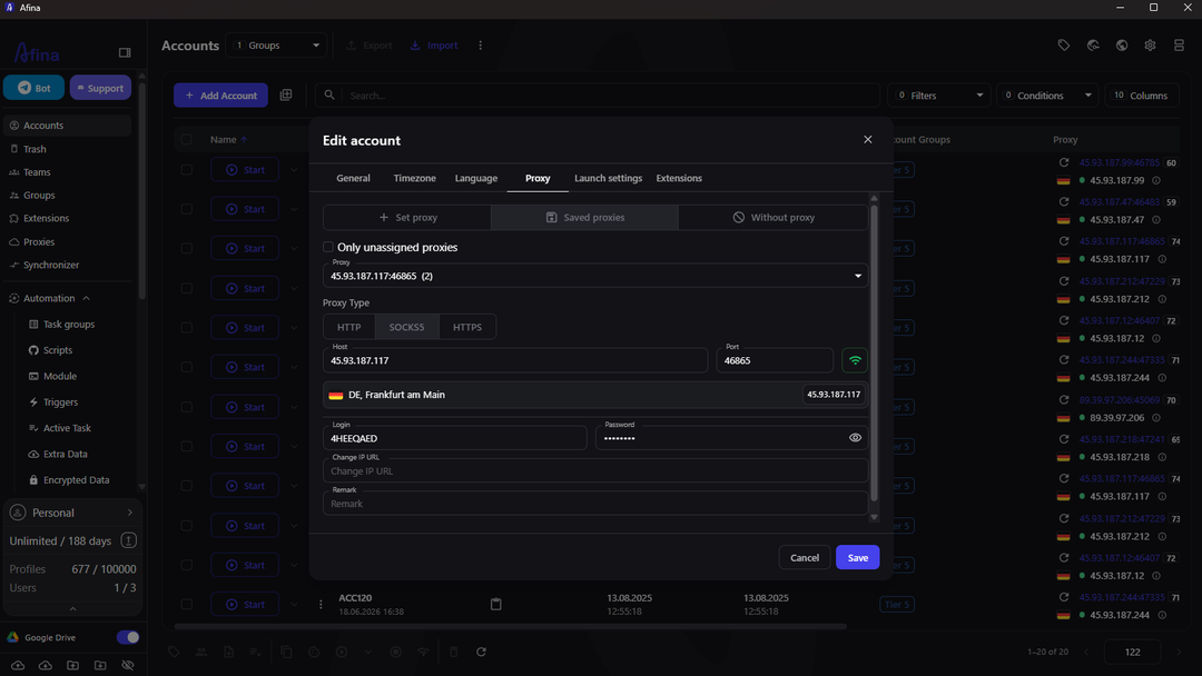 NiuProxy dashboard connection details for configuring an Afina browser profile