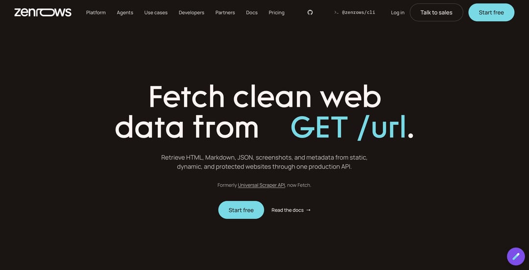 ZenRows Fetch page for clean web data