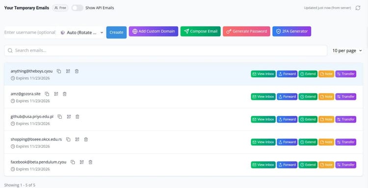 Dashboard listing multiple temporary inboxes and their expiration dates