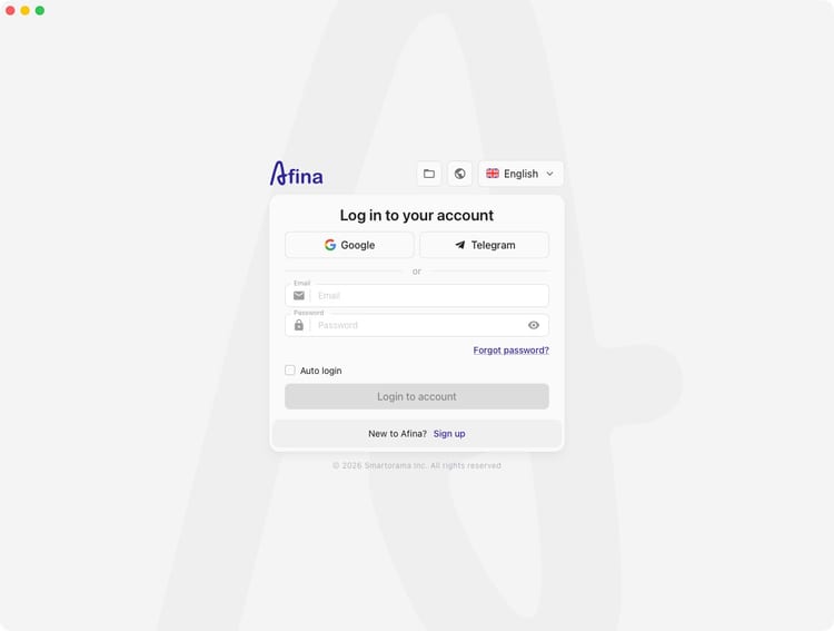 Afina app login after installation