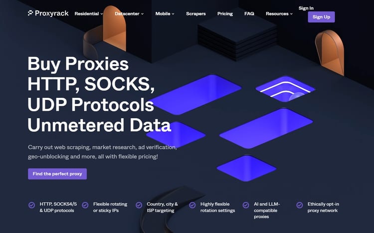 Proxyrack page describing residential, mobile and datacenter proxies